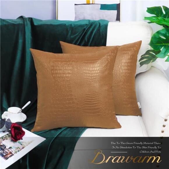 Faux Leather Pillow Covers 18 X 18 Inches, Tan Leather Pillow Covers Pack of 2 - Picture 2 of 7